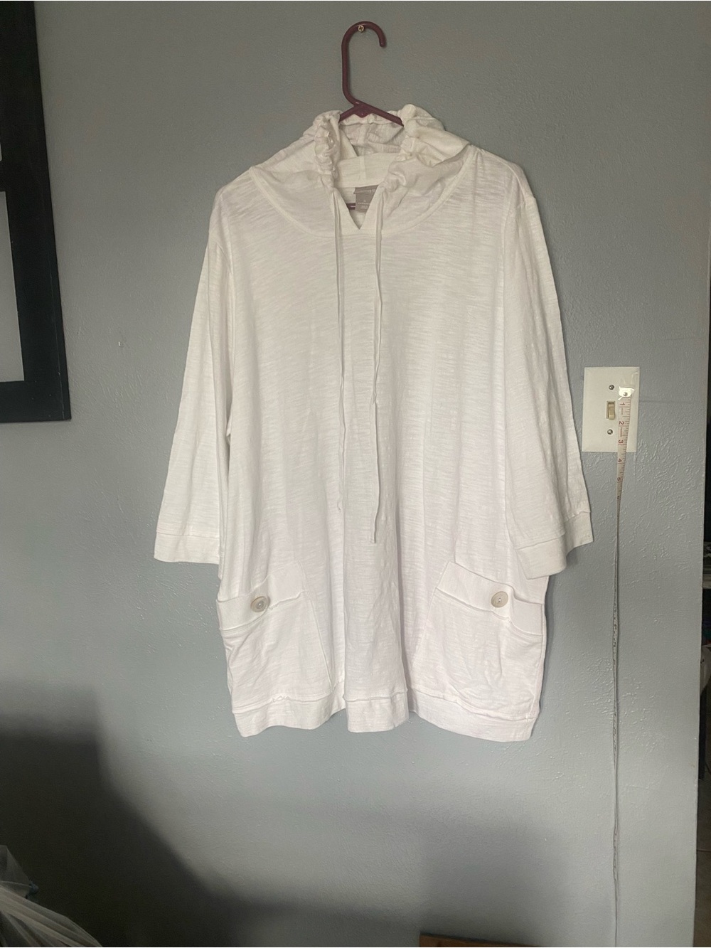 Chico's Hooded 3/4 Sleeve Tunic top w/Drawstring Alabaster 100% Cotton 4 NWT